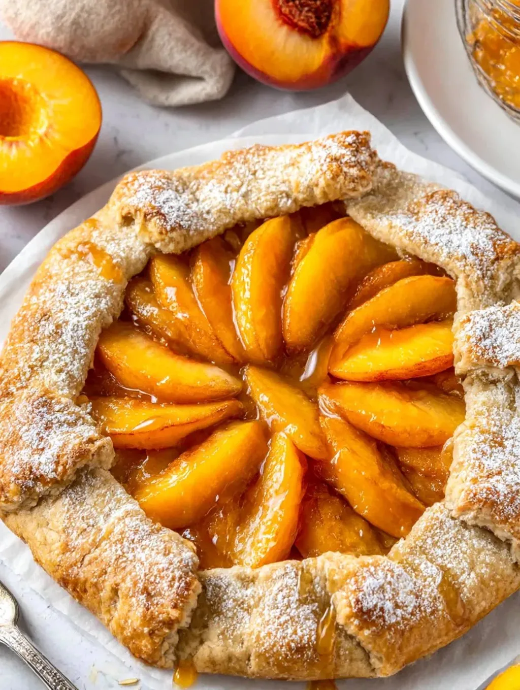 A peach galette is freshly baked and ready to eat.