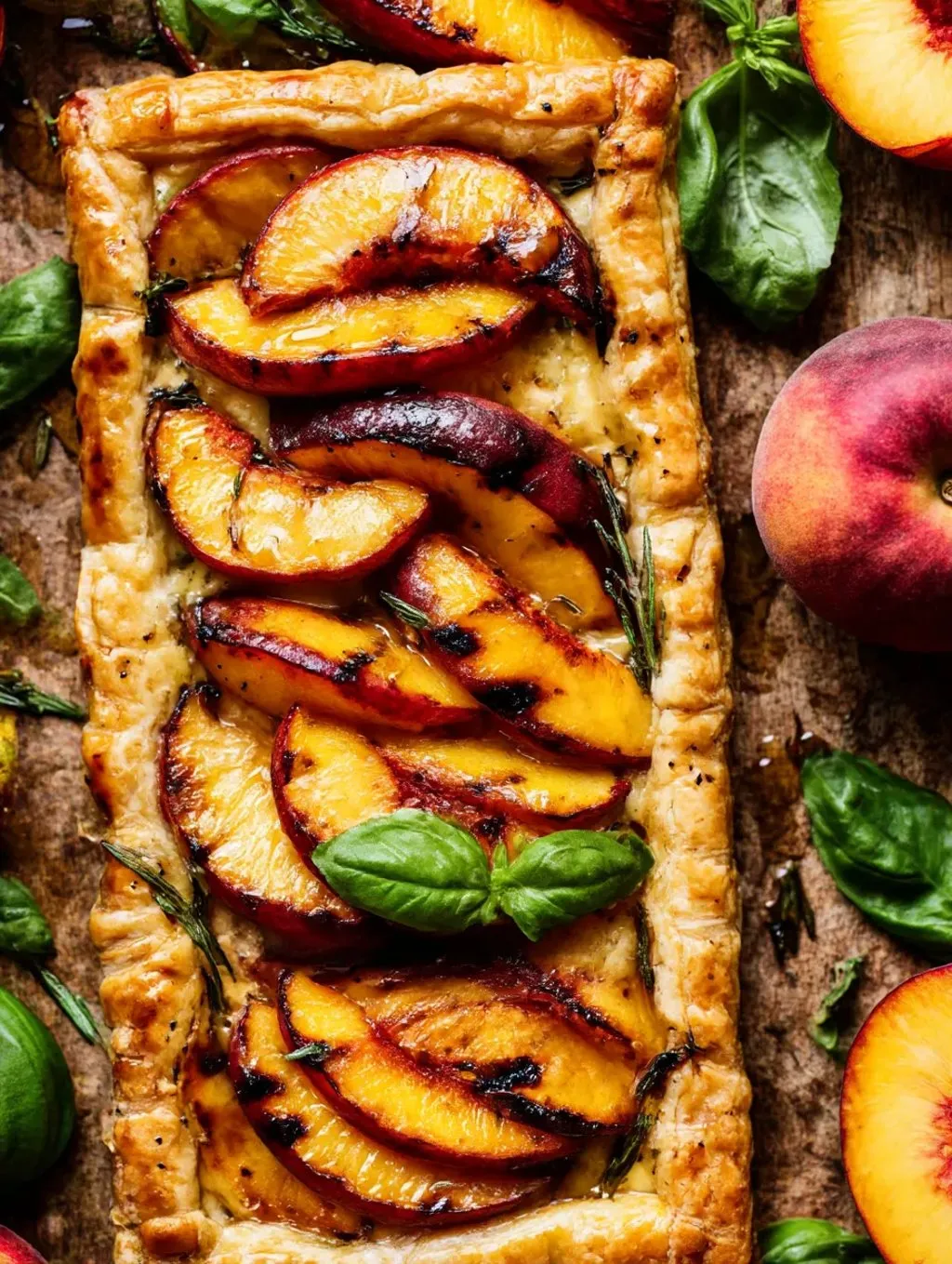A pastry with peaches and brie cheese.