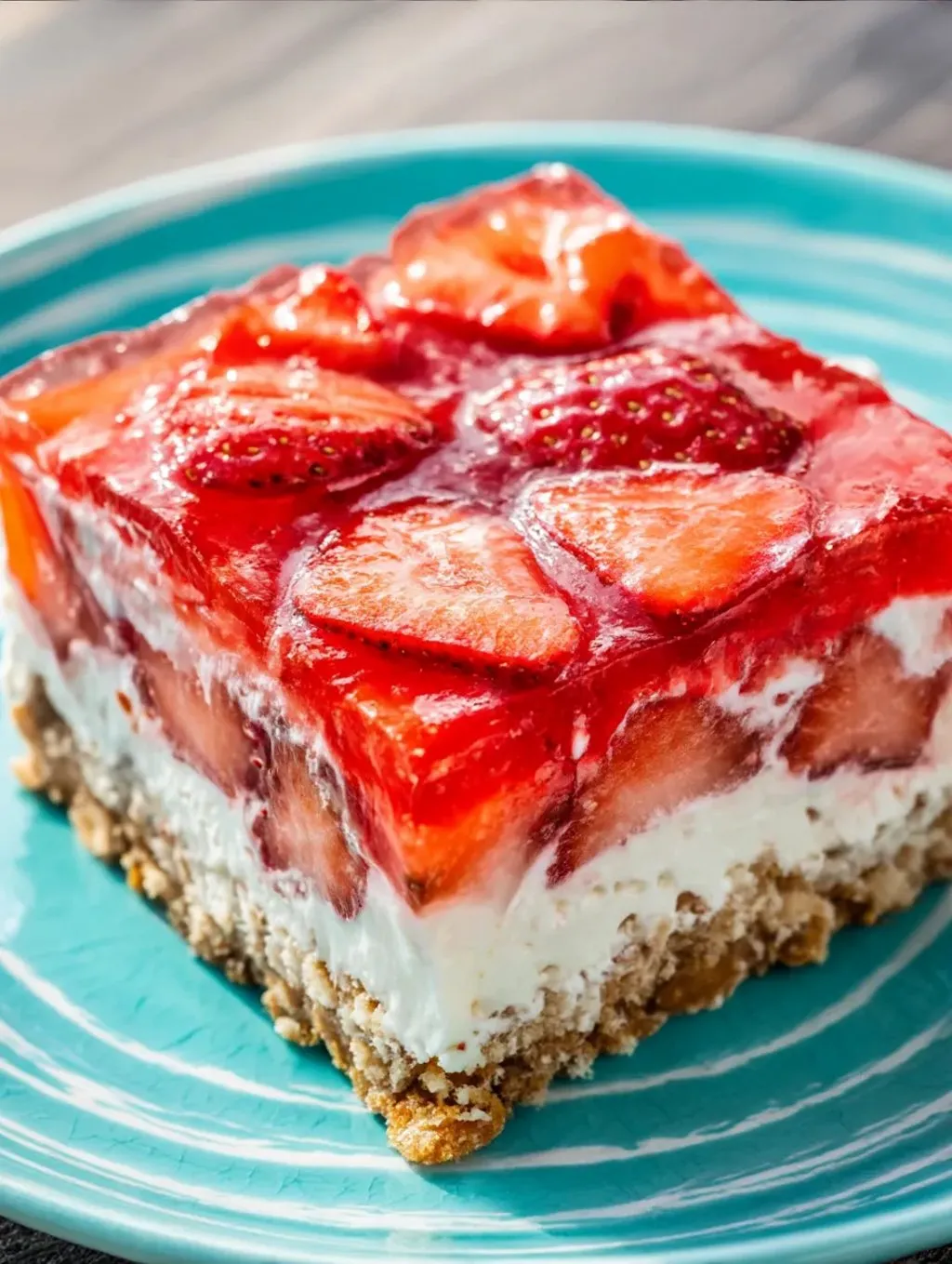 A slice of strawberry pretzel jello salad.
