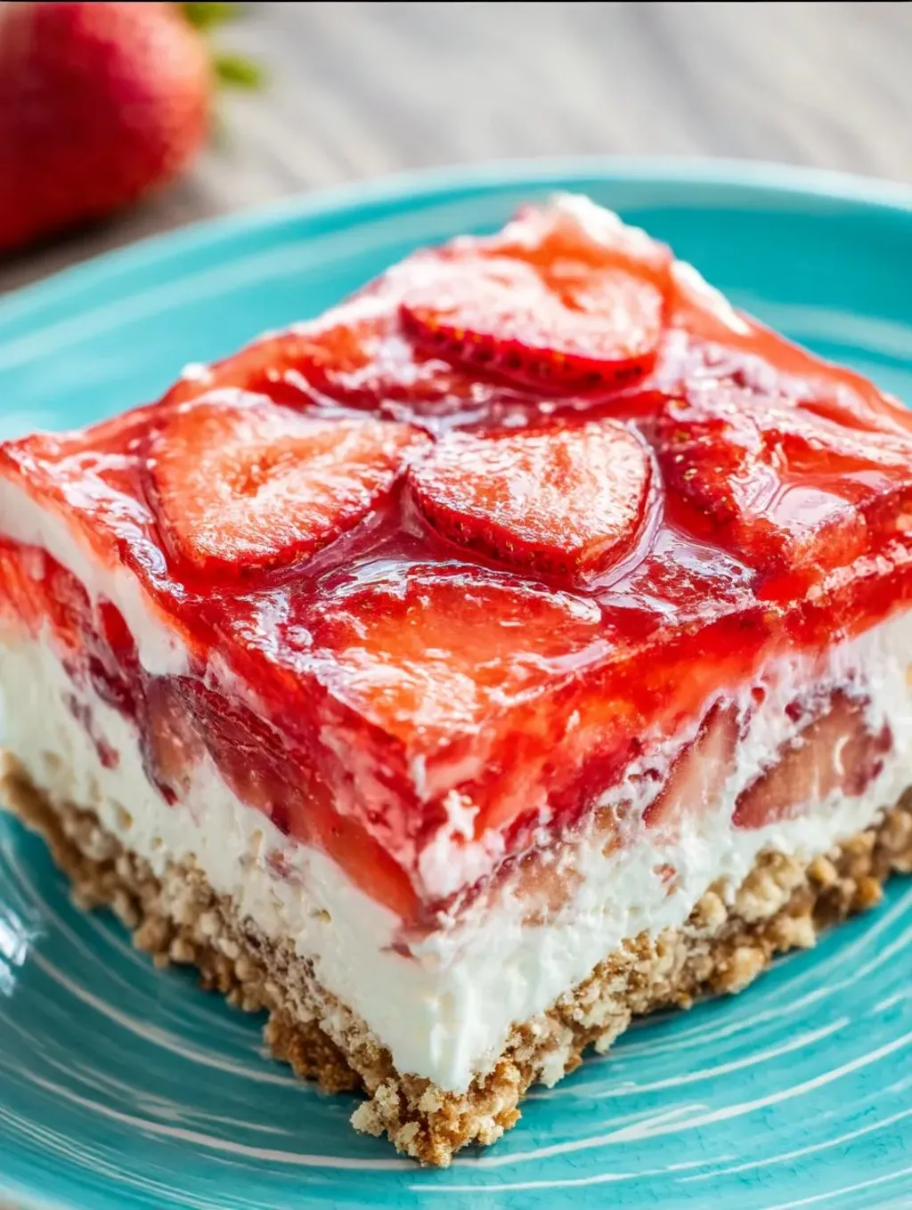 A slice of strawberry pretzel jello salad.