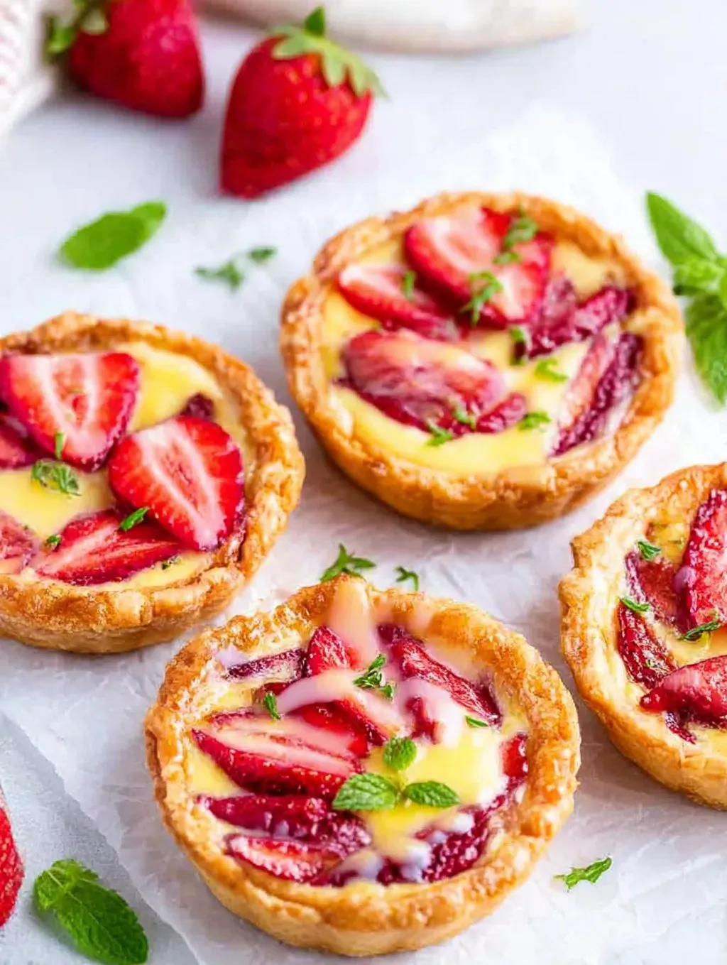 Four small tarts filled with strawberry honey custard.