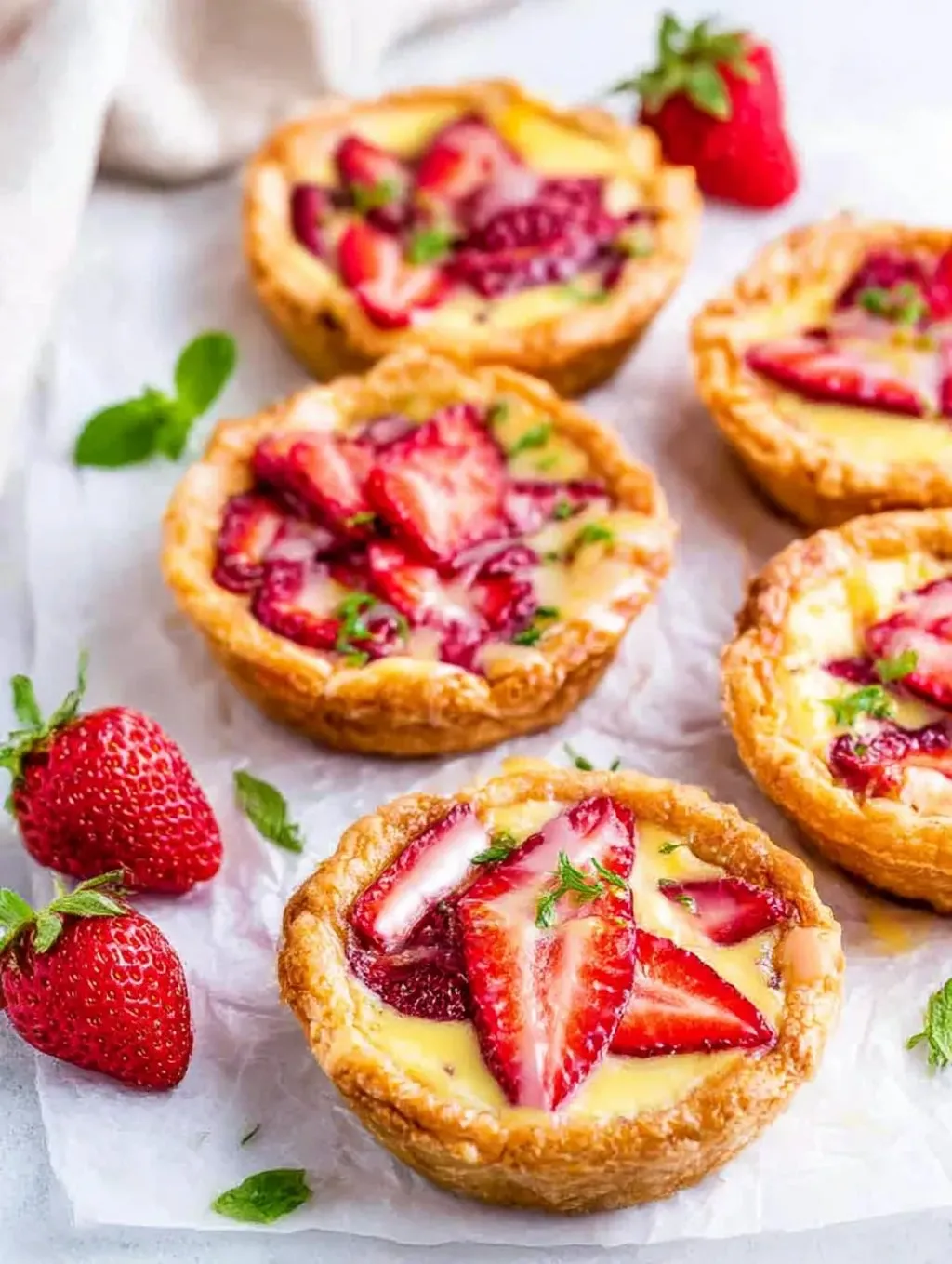 Four tarts filled with strawberry honey custard.