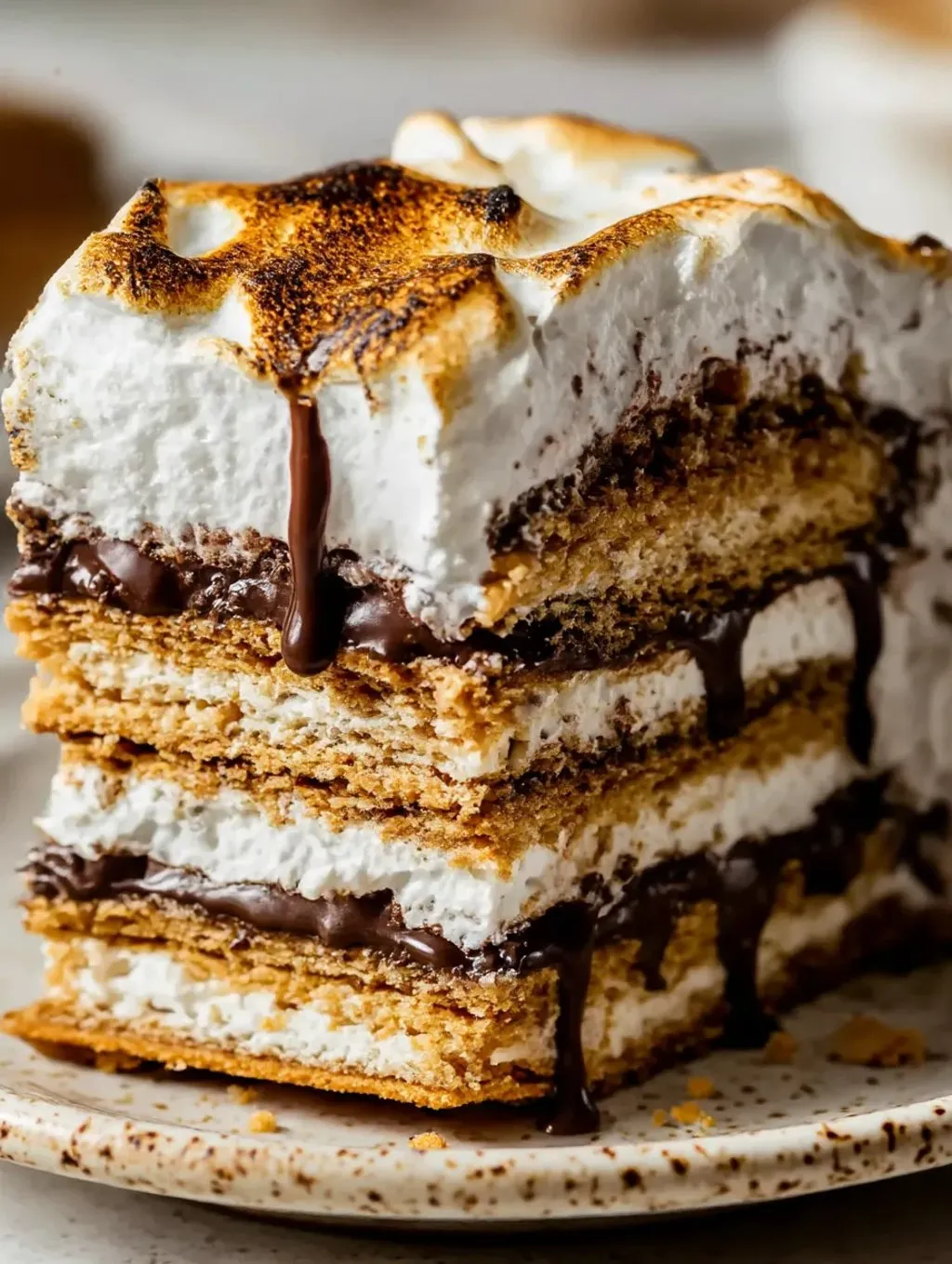A layered cake with chocolate and marshmallows.