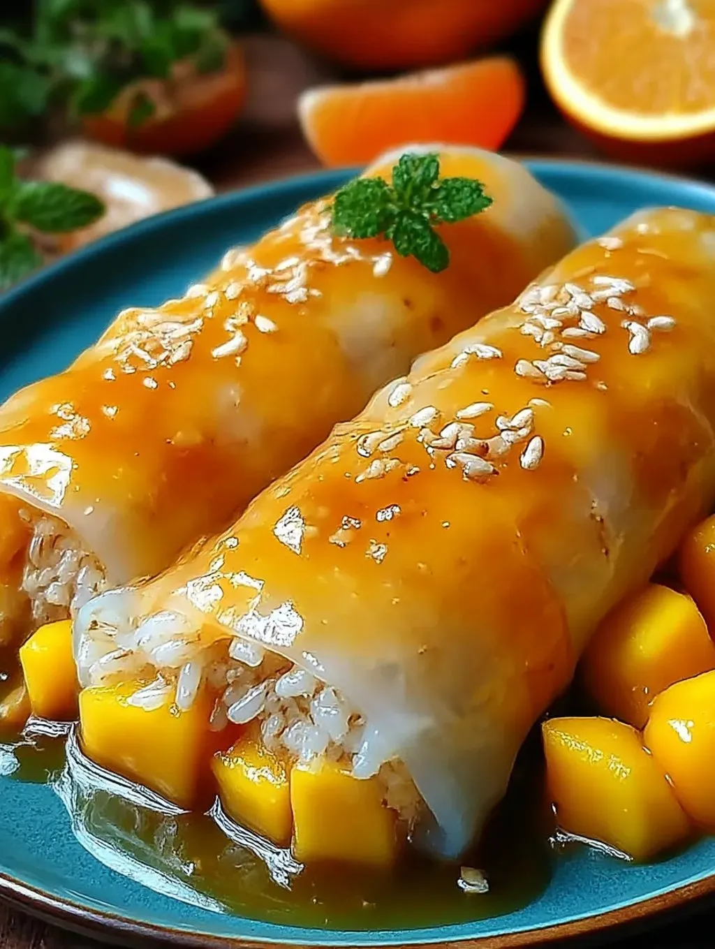 A plate of sweet mango sticky rice rolls.