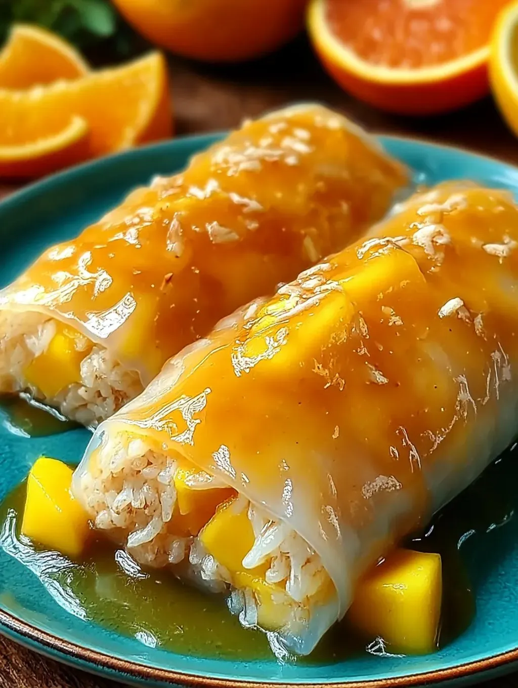 Sweet mango sticky rice rolls on a plate.