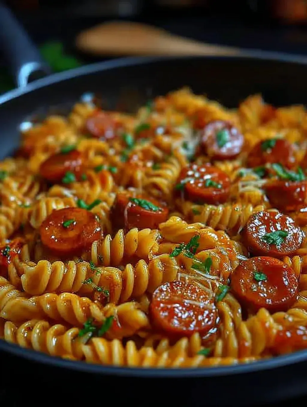 A bowl of spicy honey BBQ sausage pasta.