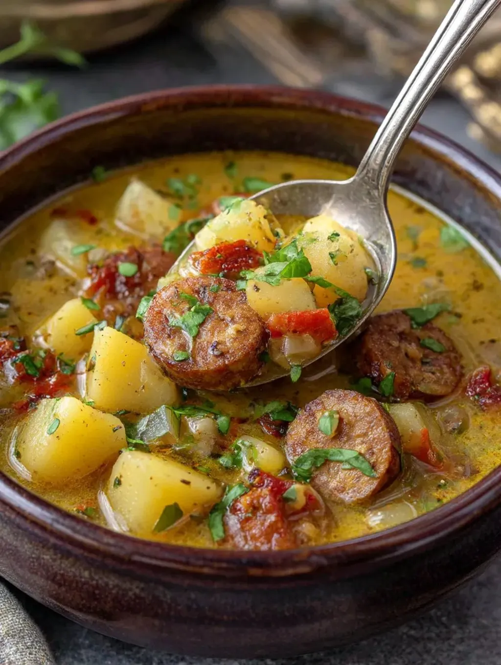 A spoon in a bowl of soup.