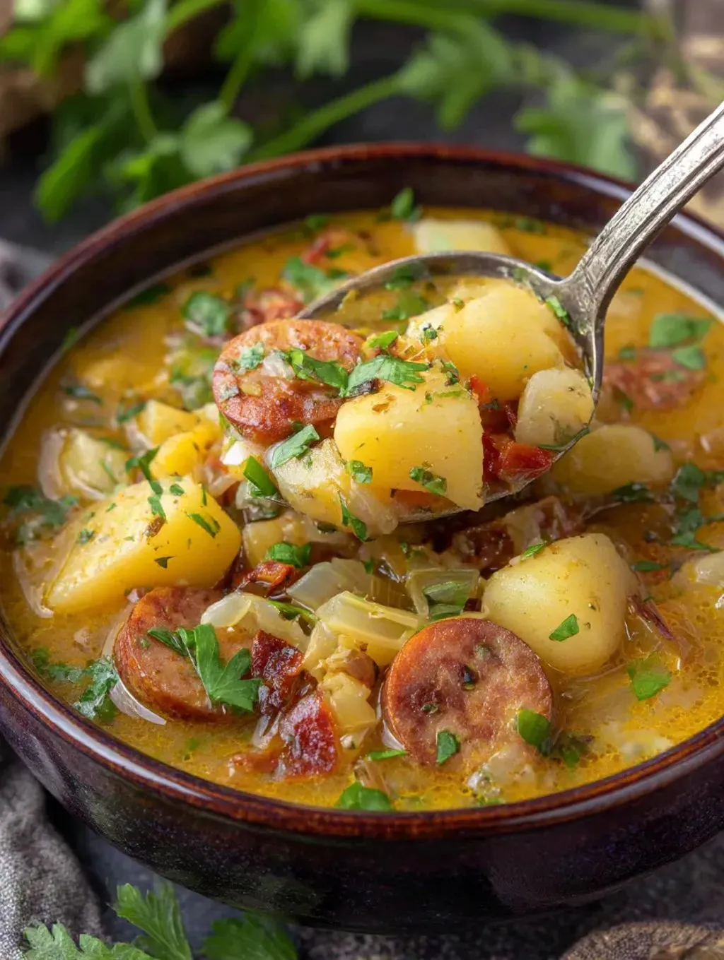 A bowl of Cajun Potato Sausage Soup.