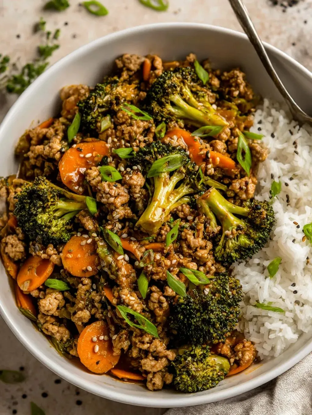 A bowl of ground turkey teriyaki stir fry.