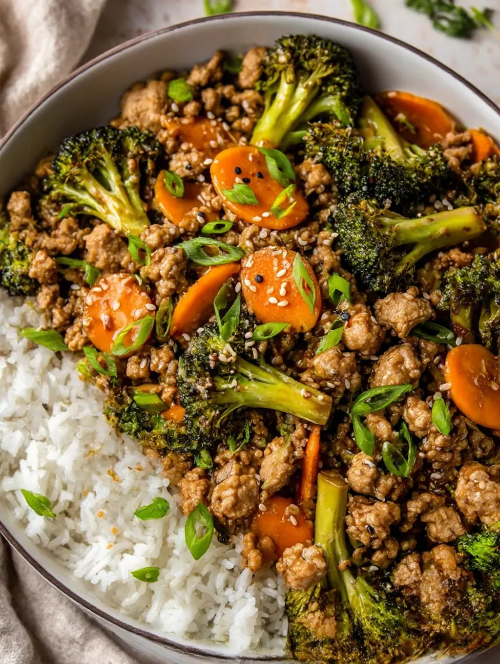A bowl of ground turkey teriyaki stir fry.