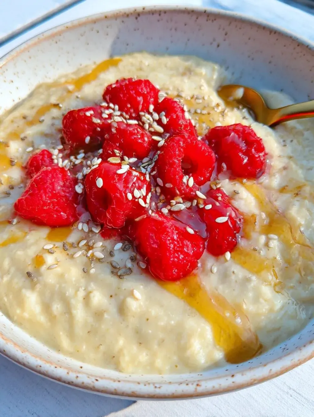 A bowl of creamy custard oatmeal with raspberries on top.