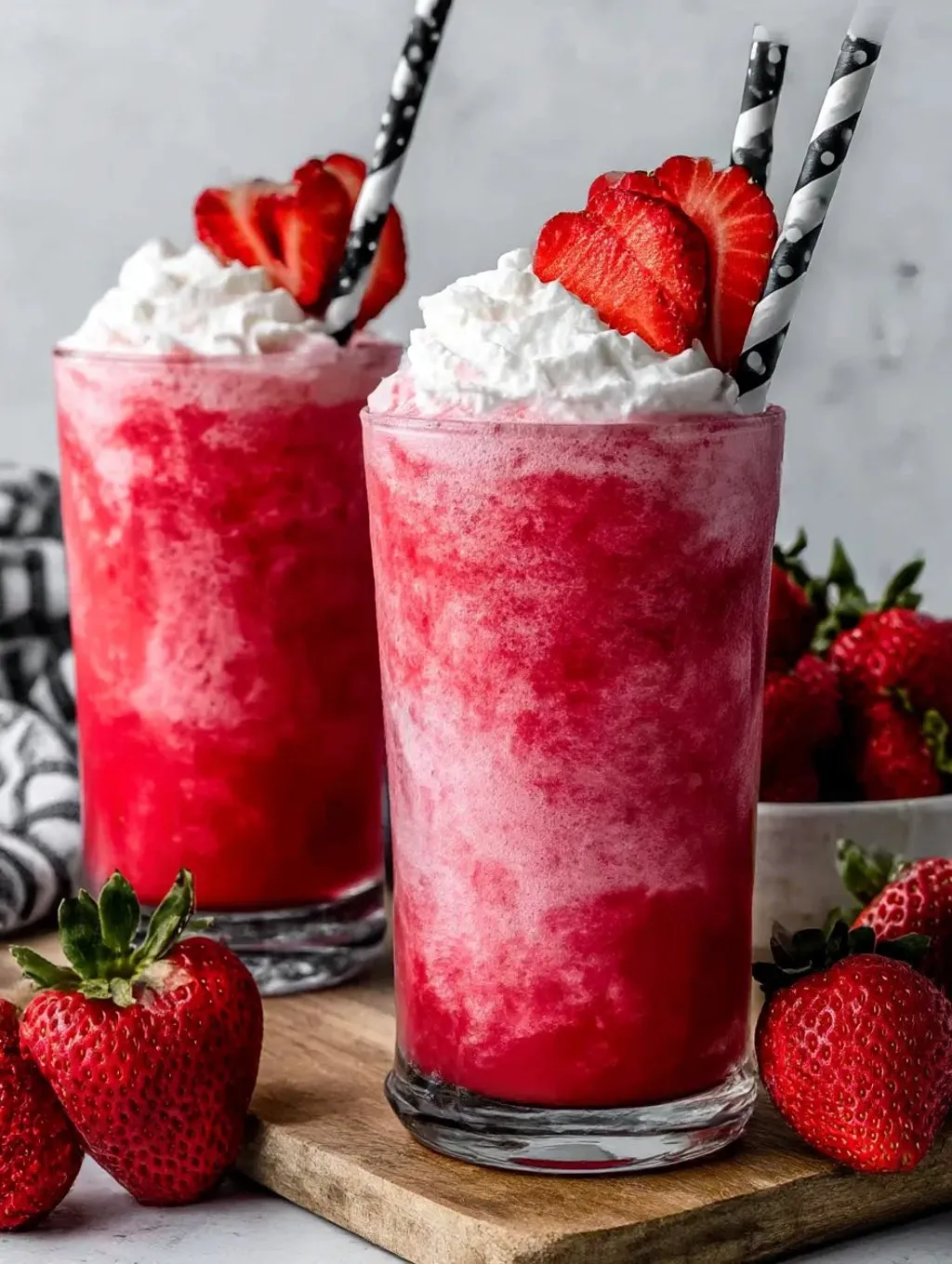 Two glasses of pink drink with strawberries.