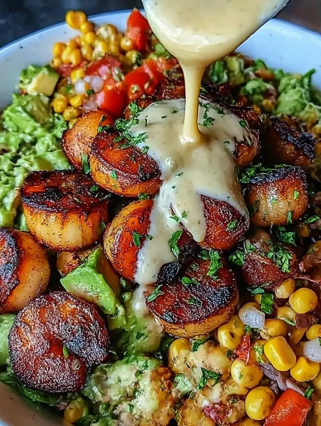 A dish of grilled shrimp, avocado, corn salsa and other vegetables.