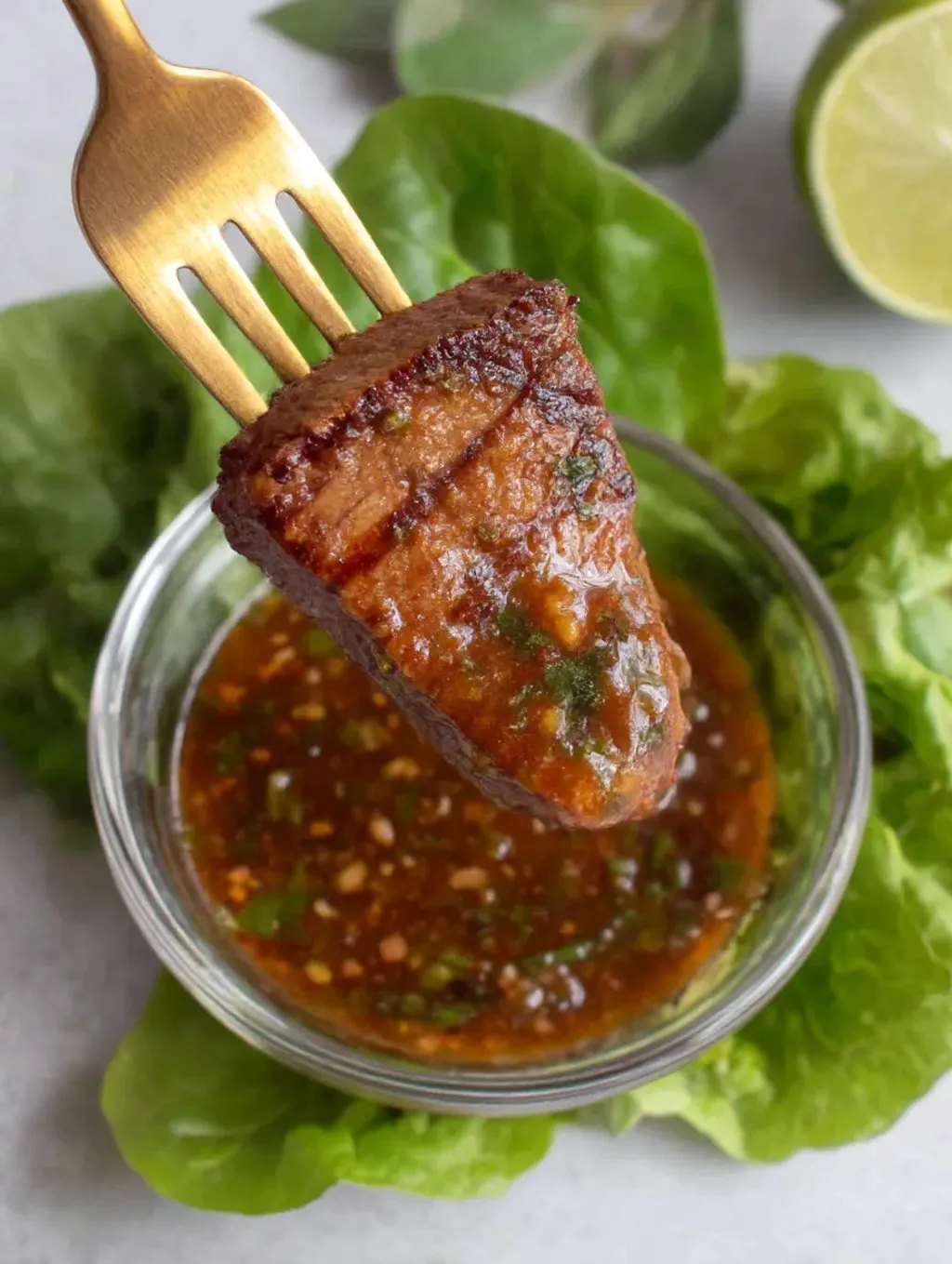 A fork is being used to pick up a piece of meat from a bowl.