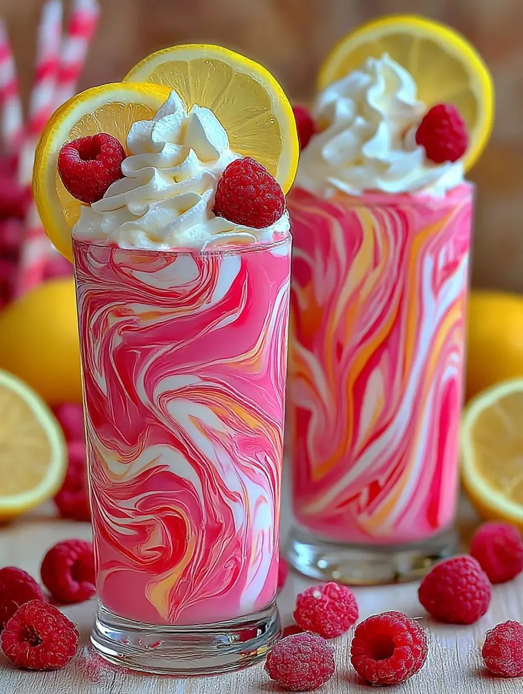 Two glasses of whipped pink lemonade drink.