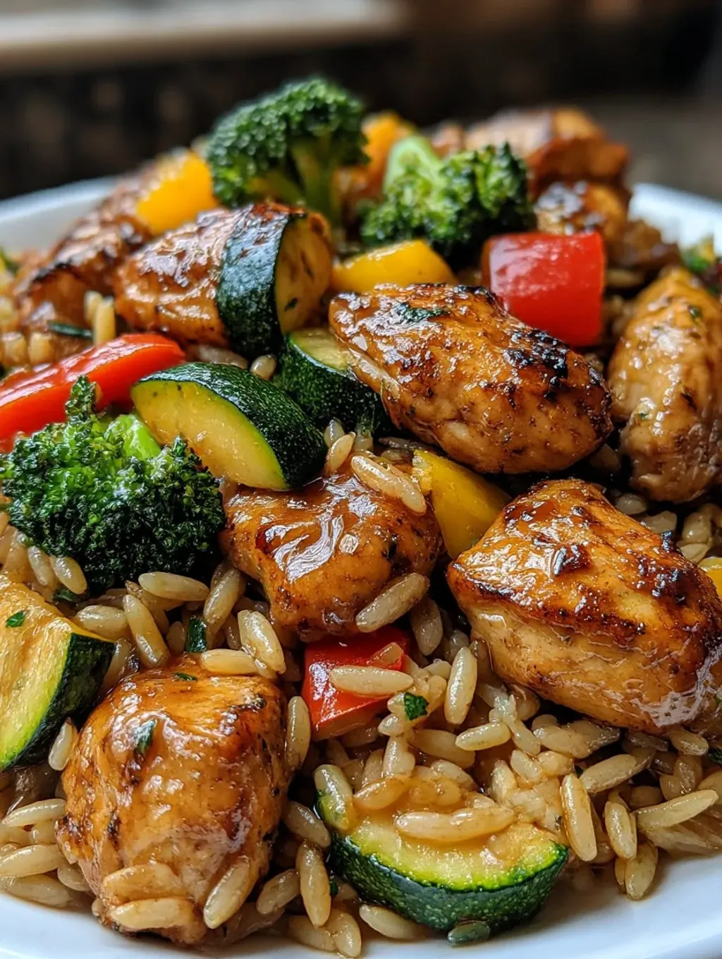 A plate of food with chicken, broccoli, and other vegetables.