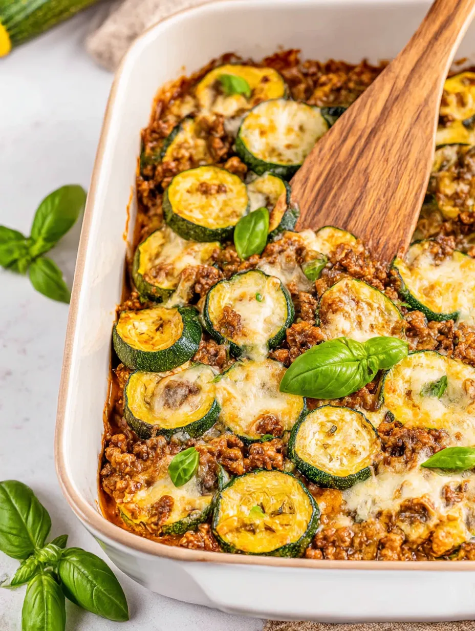 A beef zucchini casserole with a wooden spoon.