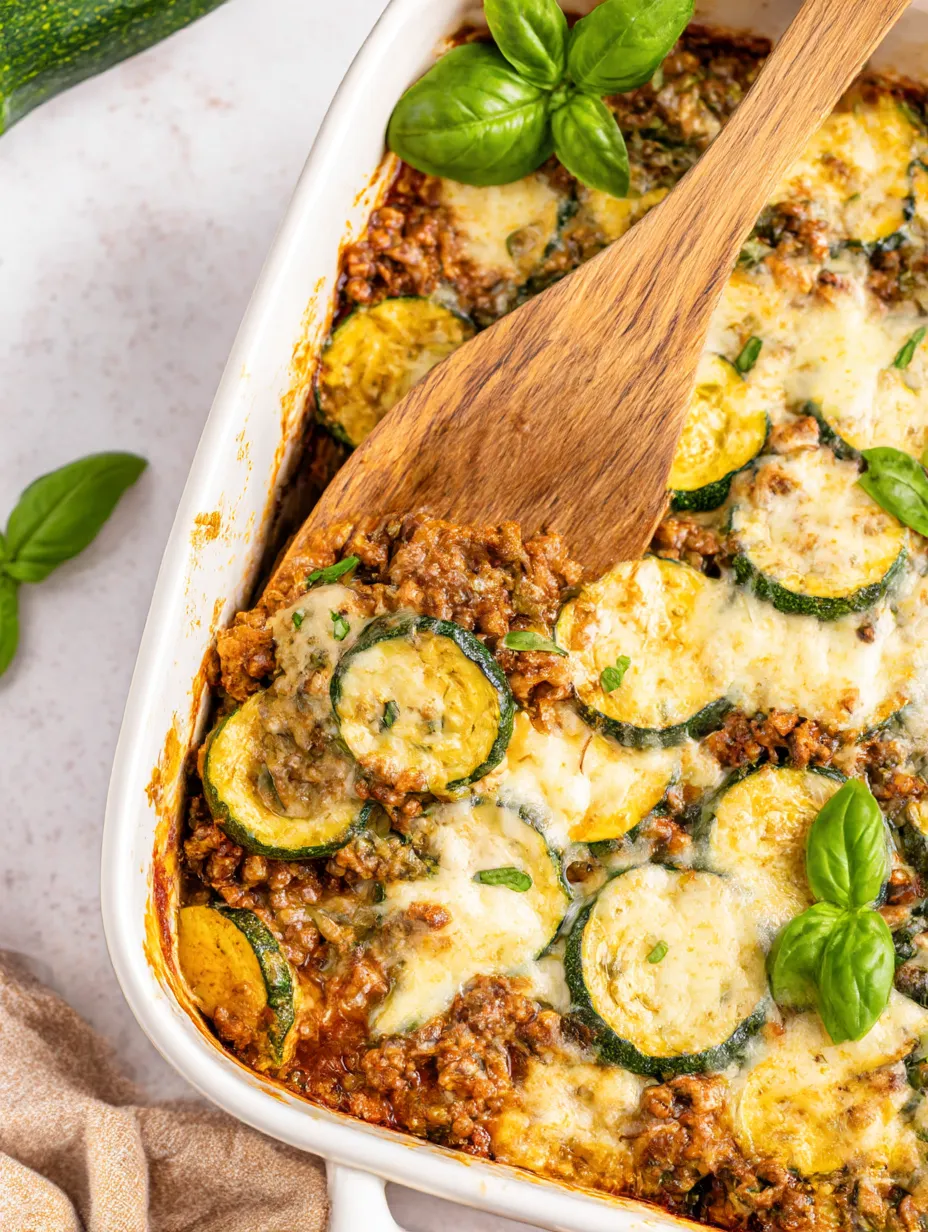 A close up of a beef zucchini casserole.