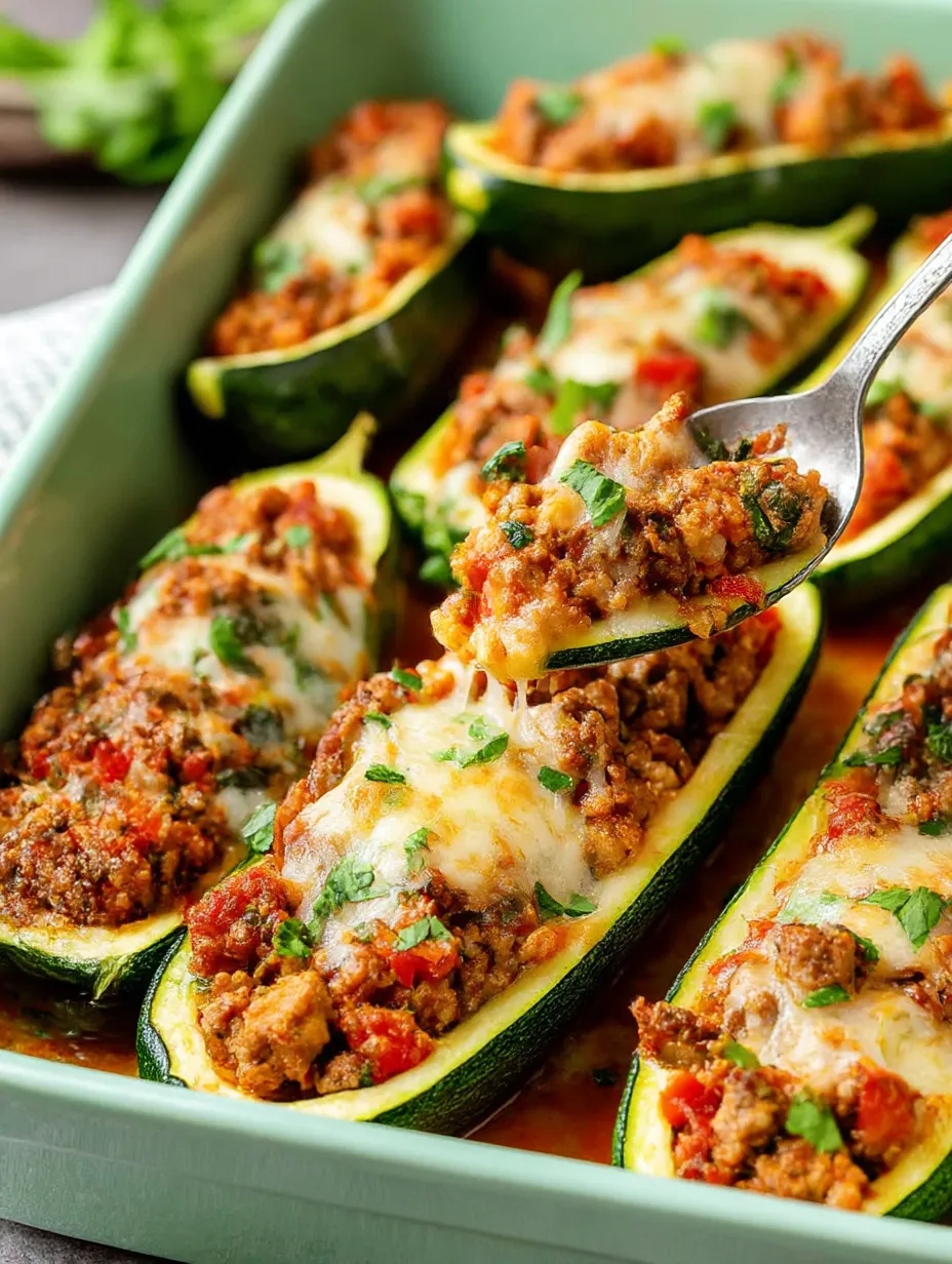 A plate of stuffed zucchini boats with Spanish ground beef and rice.