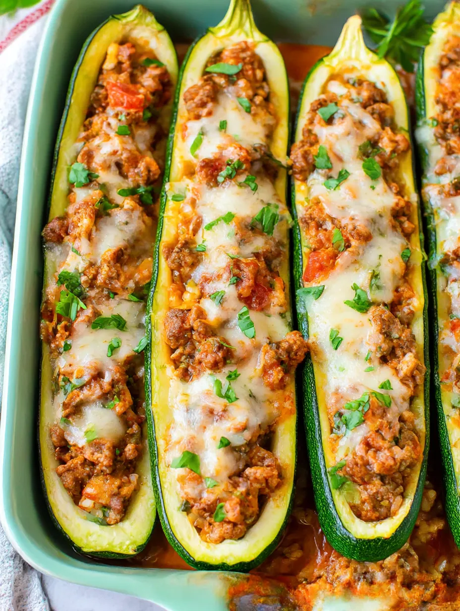 A dish of stuffed zucchini boats with Spanish ground beef and rice.