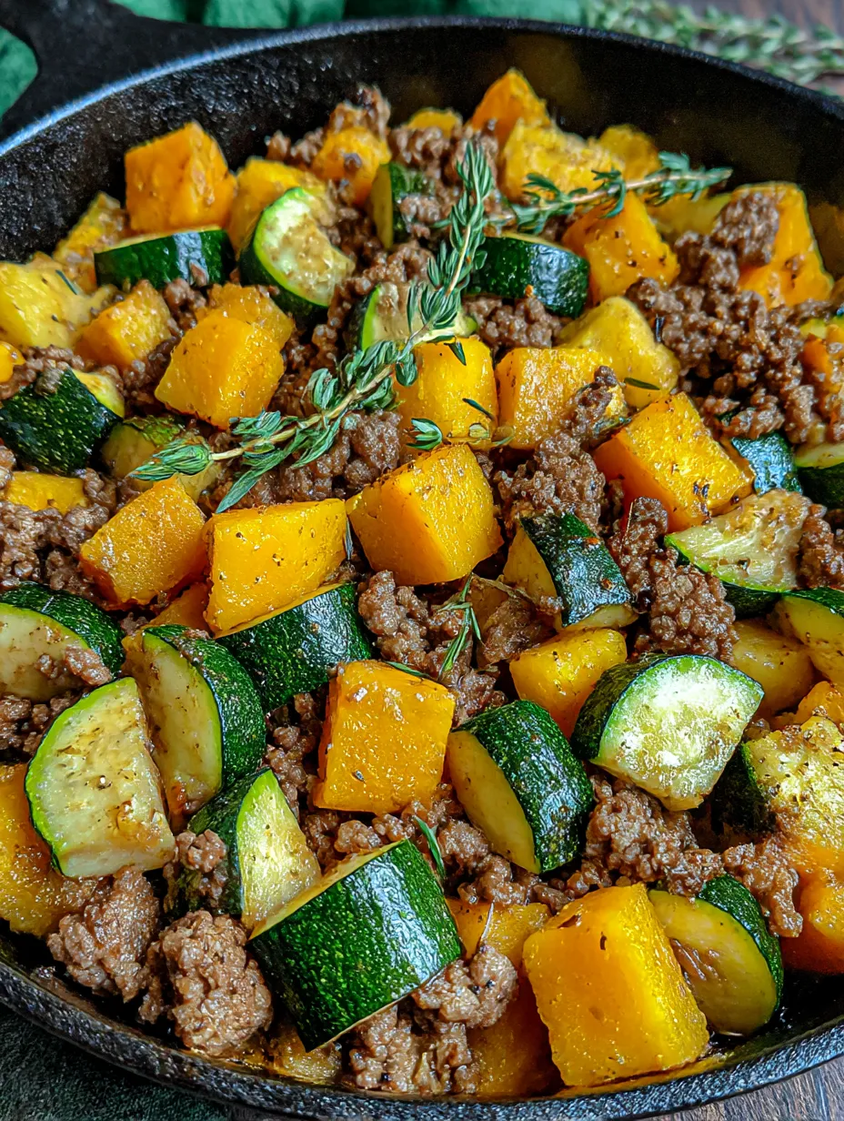 A skillet full of ground beef, zucchini, and sweet potatoes.