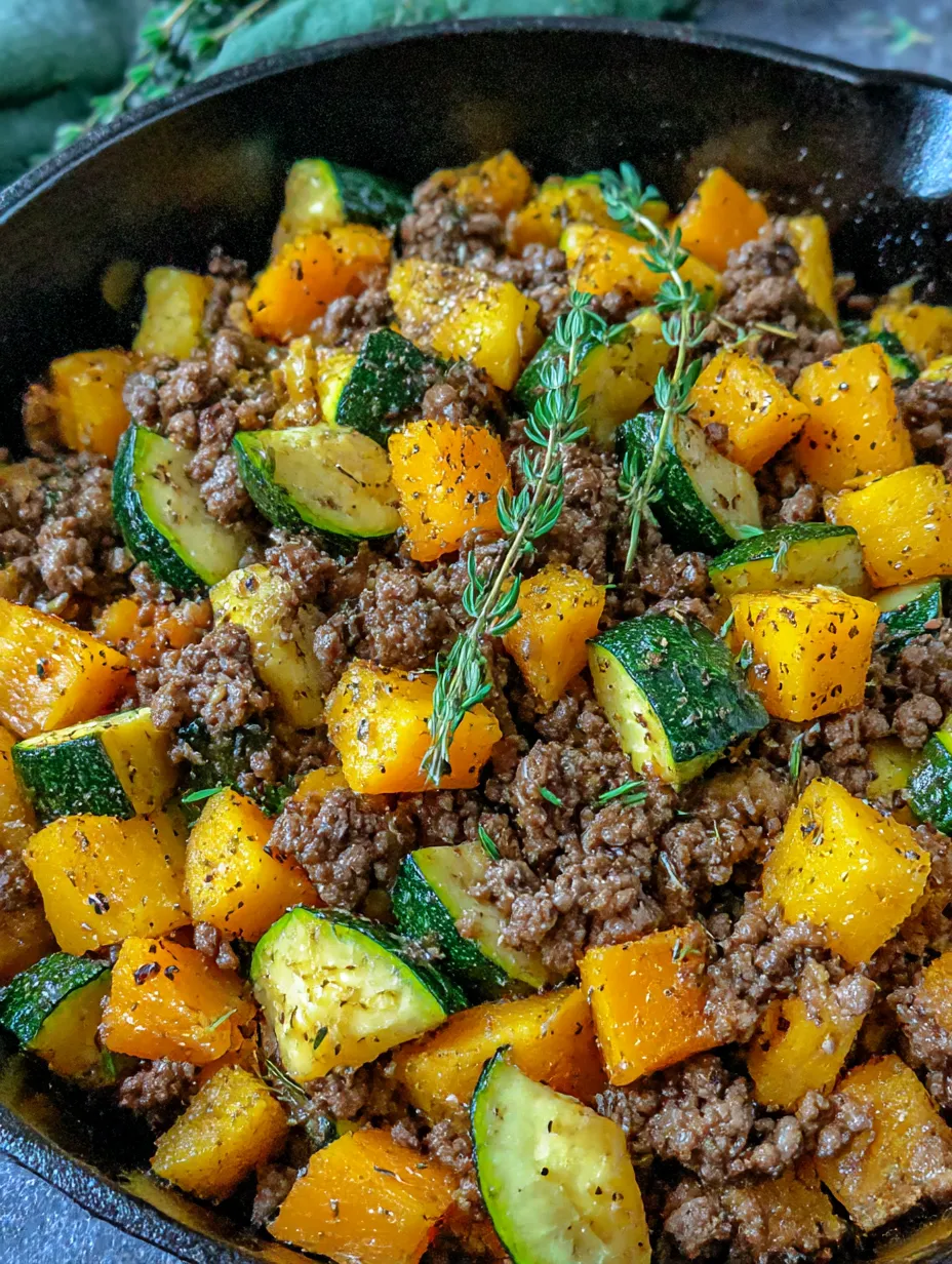 A skillet of ground beef, zucchini, and sweet potatoes.