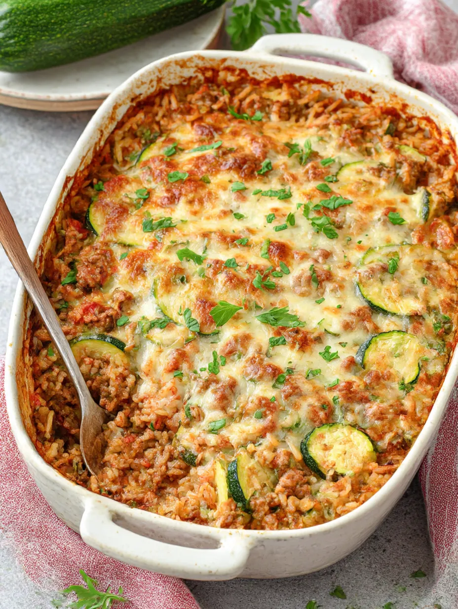 A casserole with ground beef, zucchini, and rice.