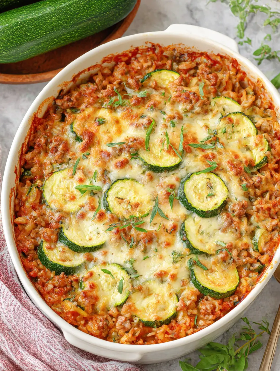 A casserole with ground beef, zucchini and rice.