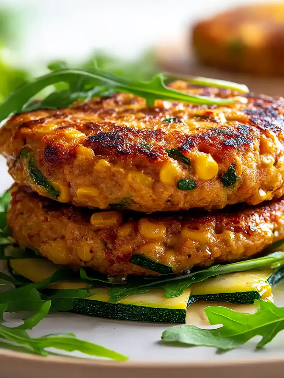Two burgers made with chicken, zucchini, and corn.