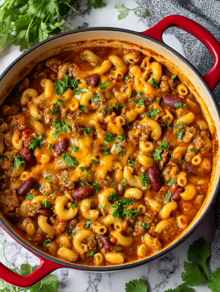 A bowl of chili mac and cheese.