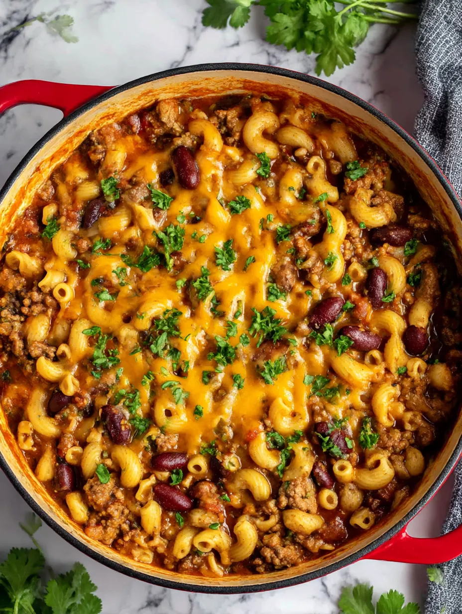 A bowl of chili mac and cheese.