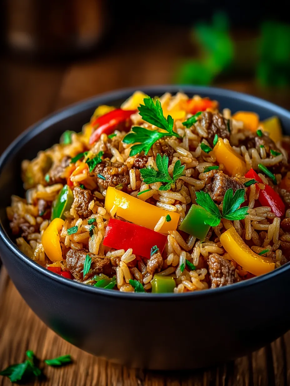 A bowl of rice with chicken and bell peppers.