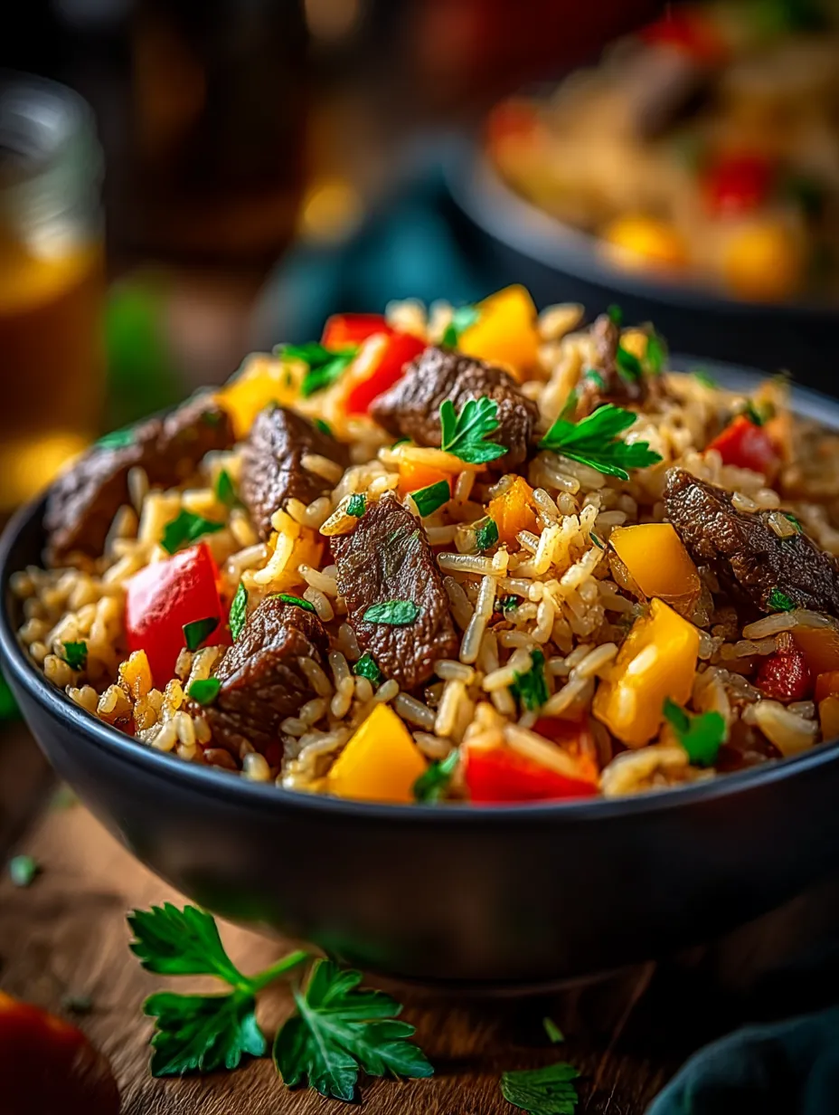 A bowl of rice with meat and bell peppers.