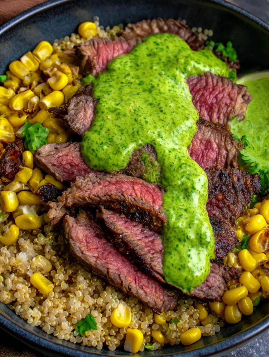A delicious steak dish with avocado, roasted corn, and cilantro cream sauce.