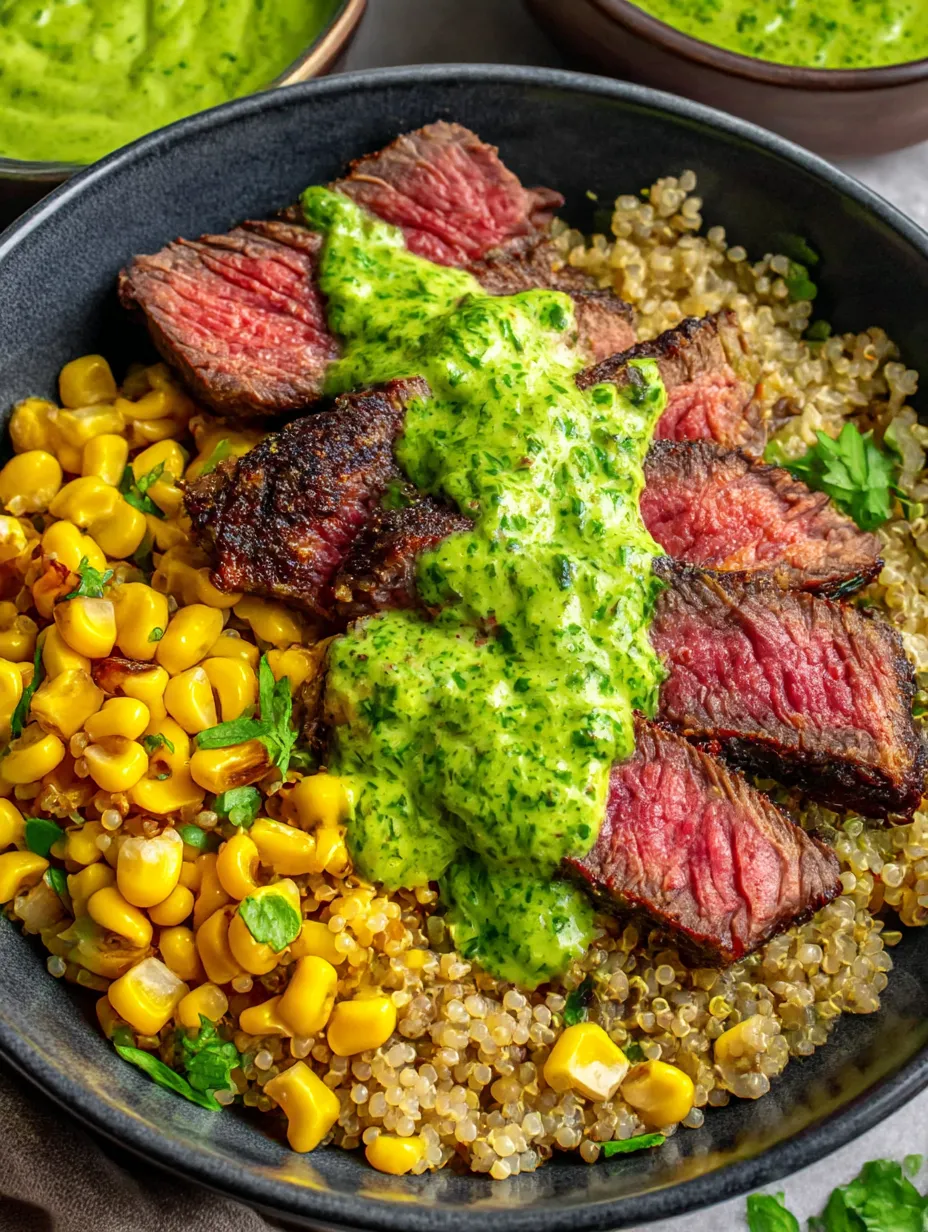 A delicious steak dish with avocado and roasted corn.