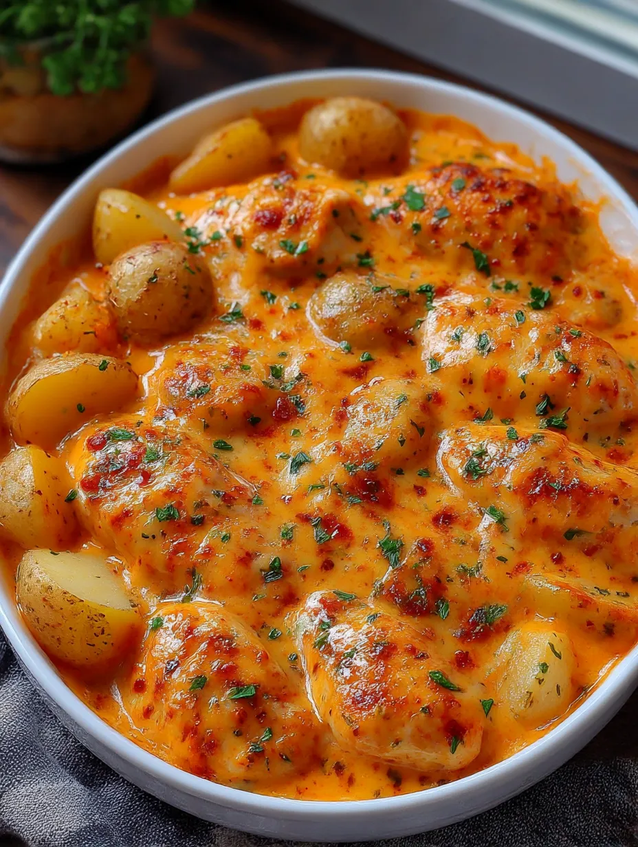A bowl of chicken and potatoes with a creamy sauce.