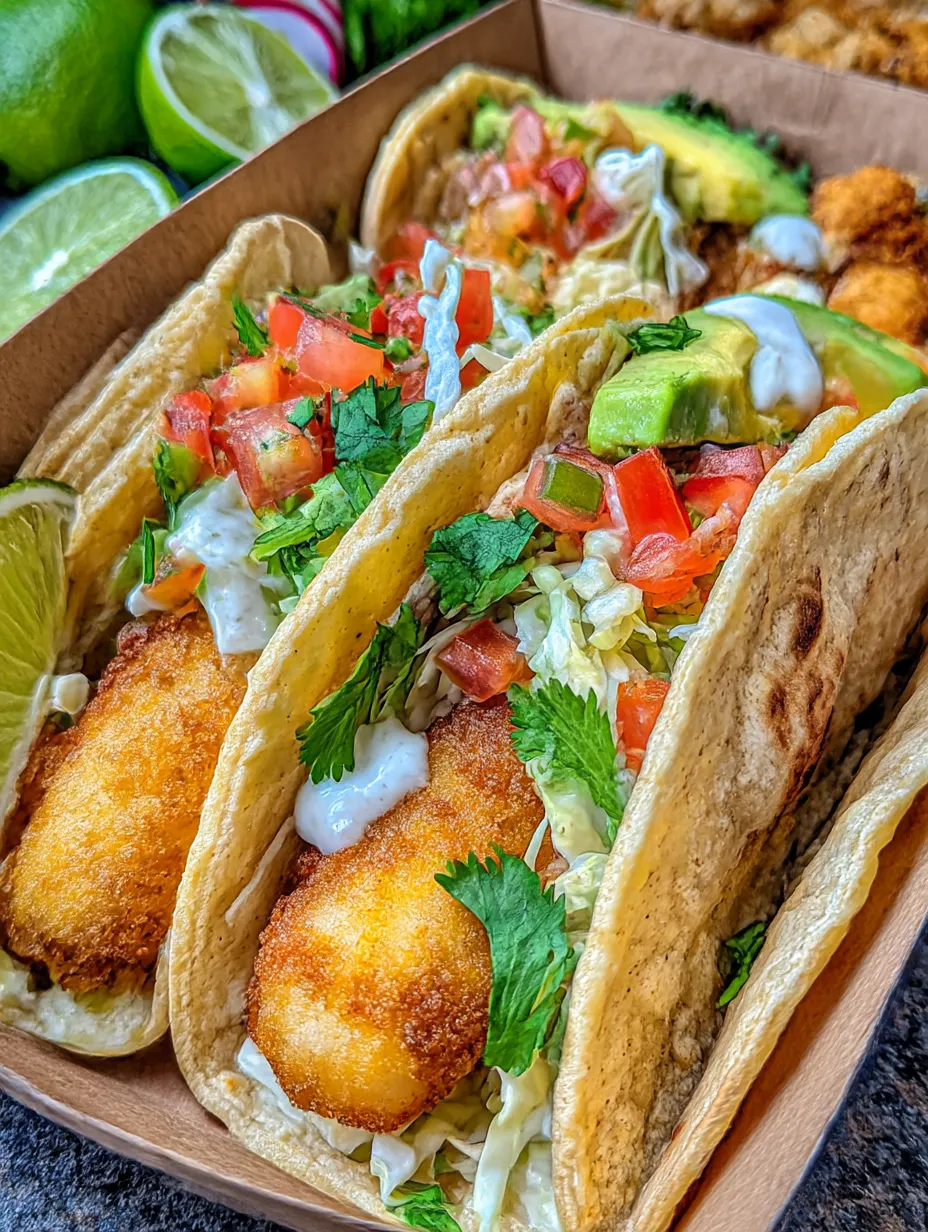 A box of crispy fish tacos with cilantro lime slaw.