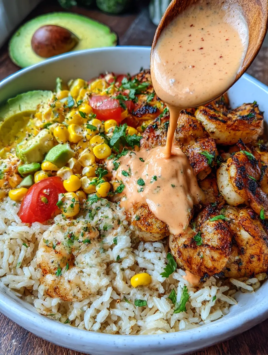A bowl of food with rice, corn, and shrimp.
