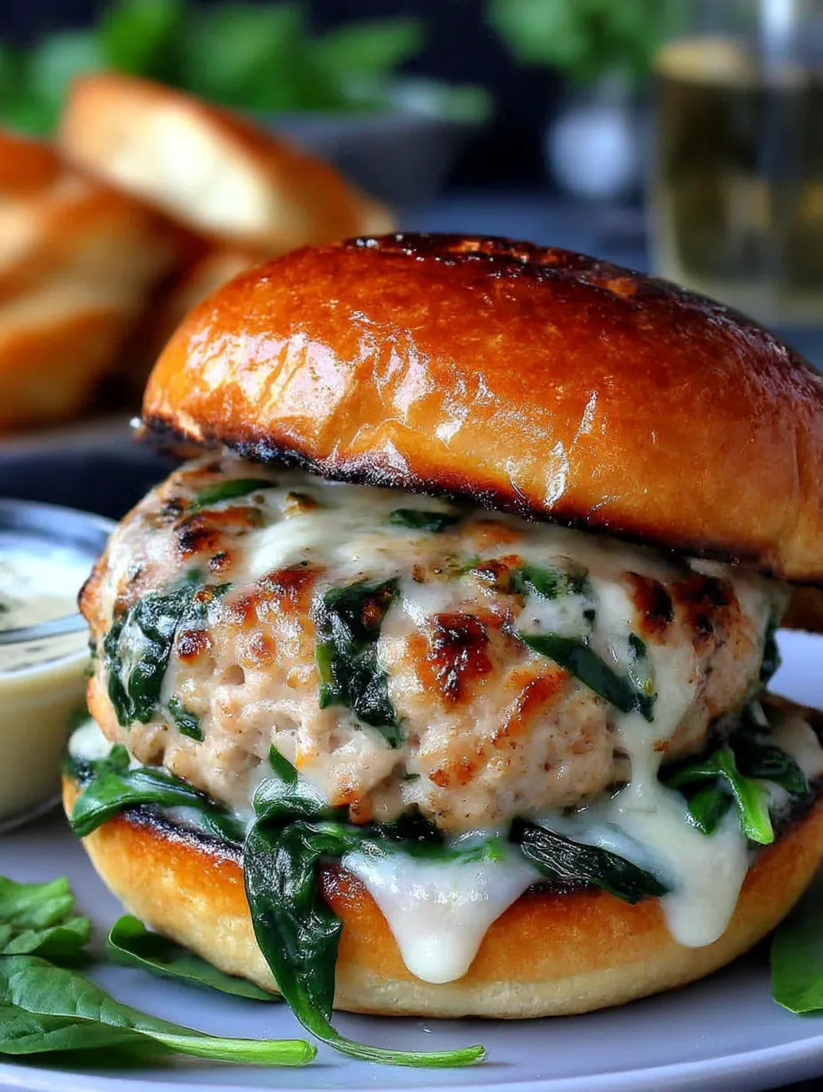 A burger with cheese and spinach on a bun.
