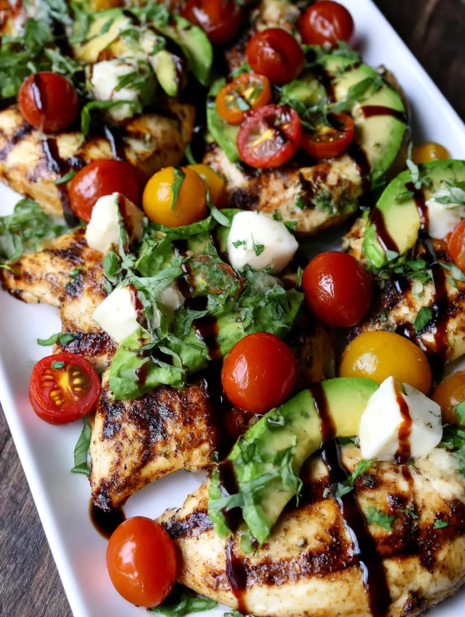 A plate of grilled chicken with tomatoes and avocado.