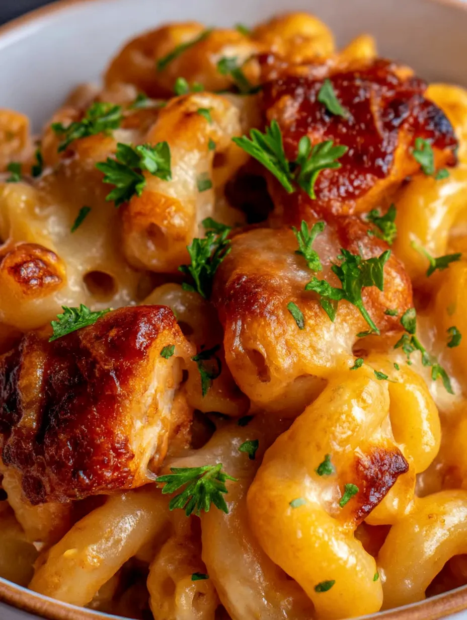 A plate of macaroni and cheese with chicken.