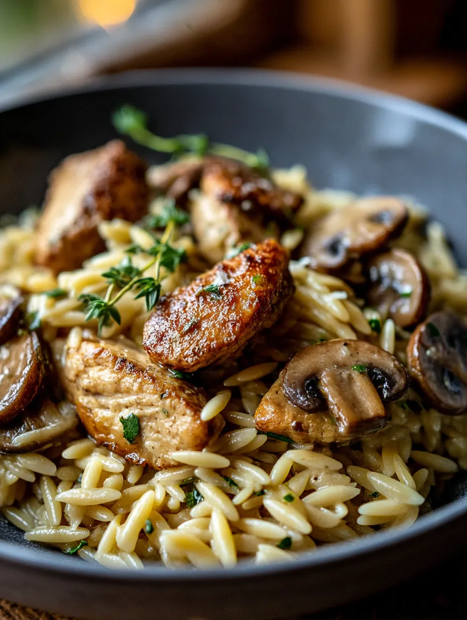A bowl of rice with mushrooms and chicken.