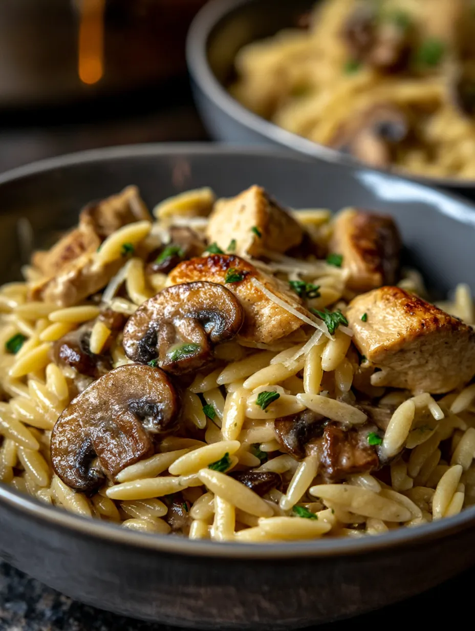 A bowl of pasta with mushrooms and chicken.
