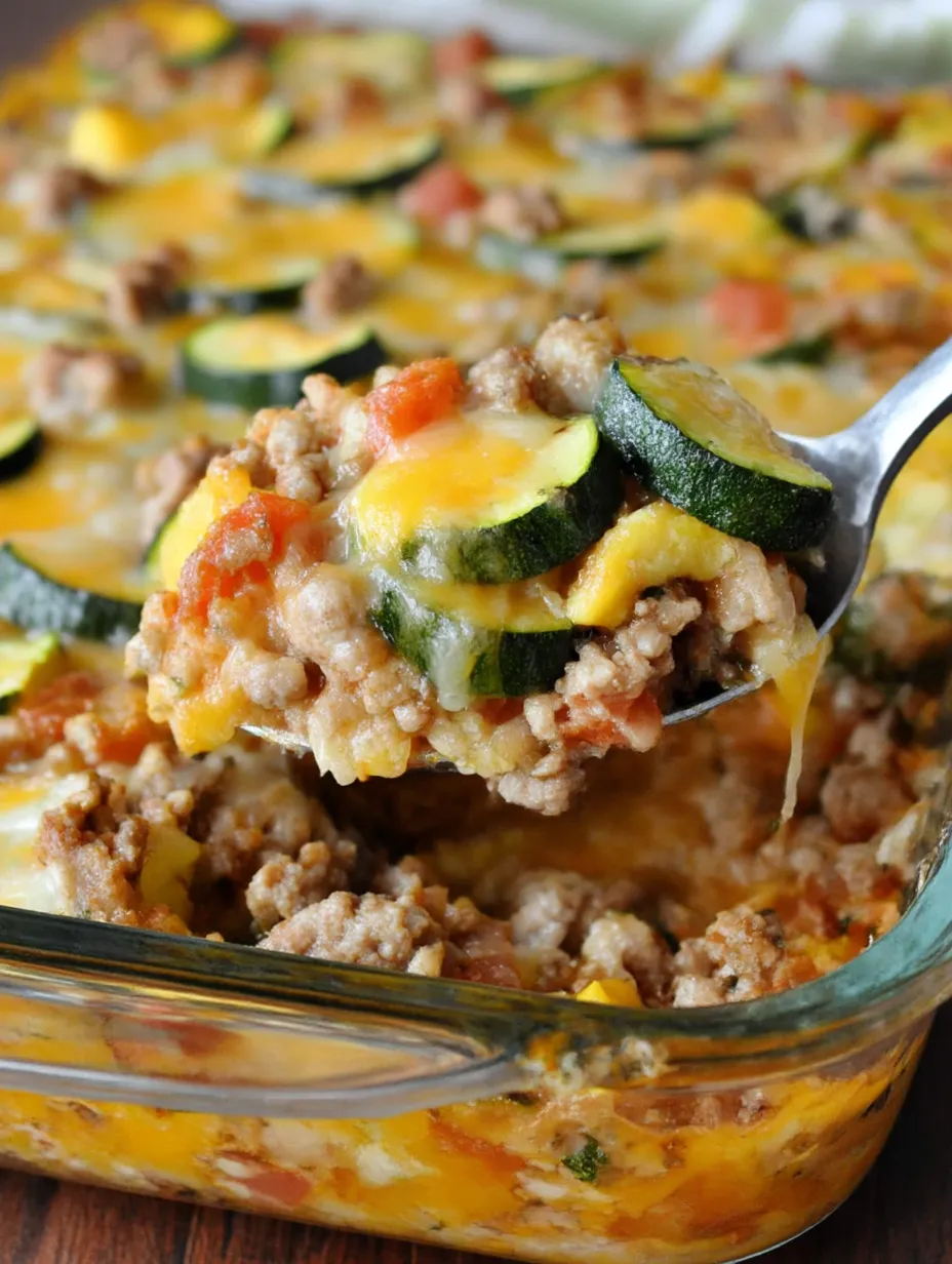 A fork is being used to eat a savory ground turkey zucchini casserole.