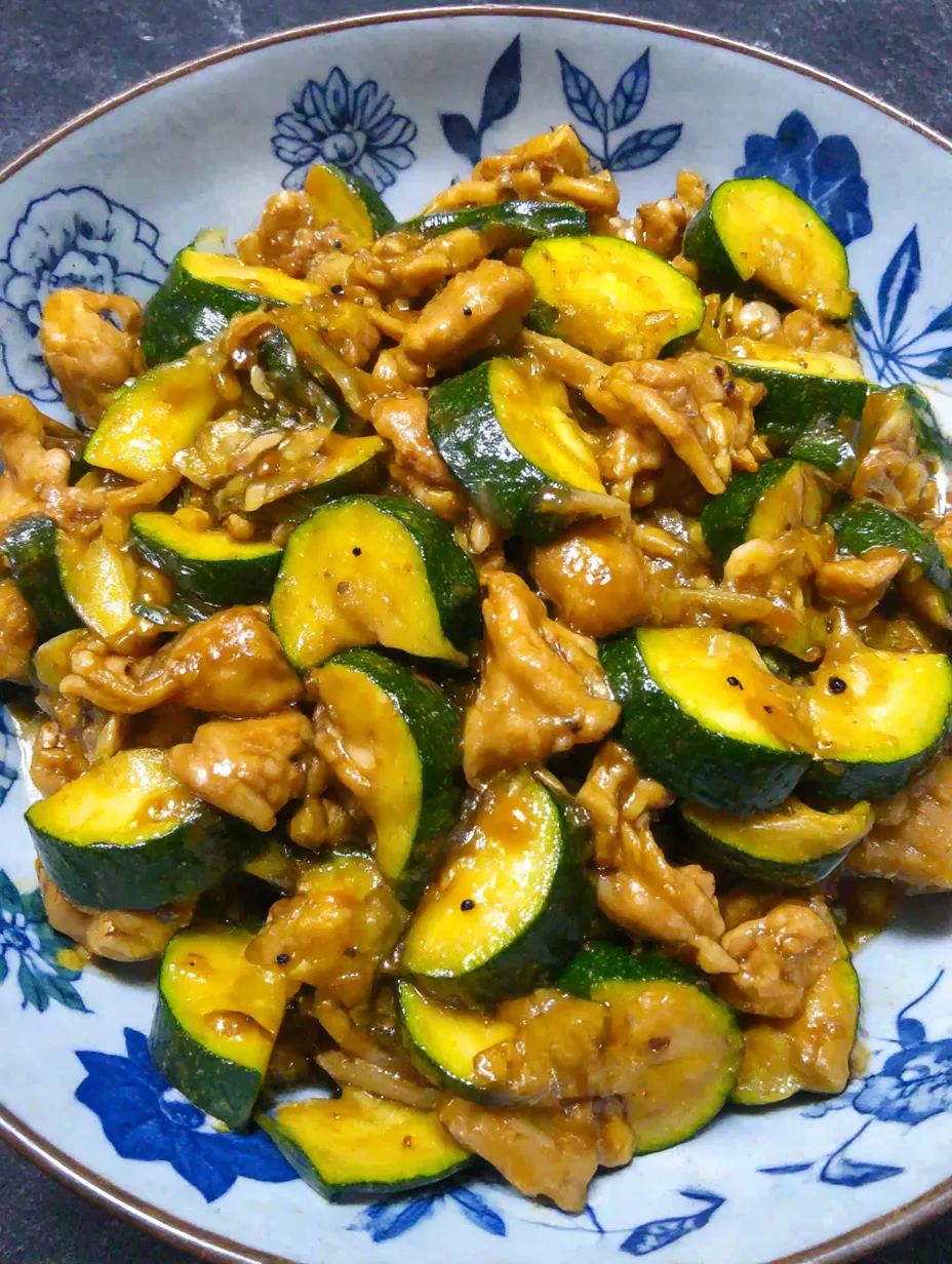 A bowl of chicken and zucchini stir fry.