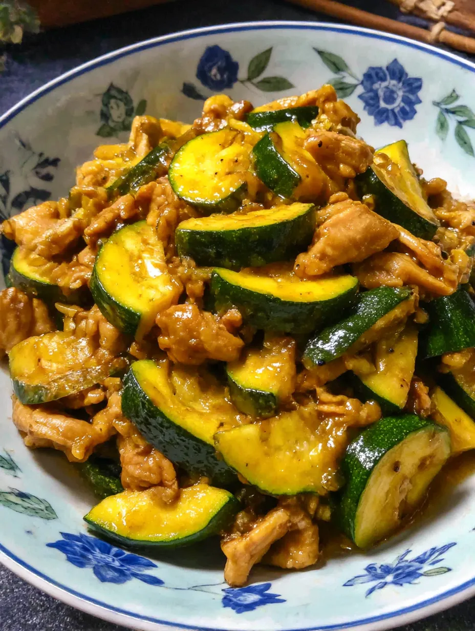 A bowl of food with chicken and zucchini.