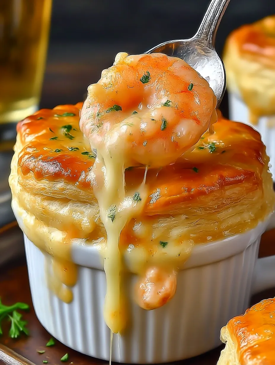 A white bowl with a shrimp and cheese dish.