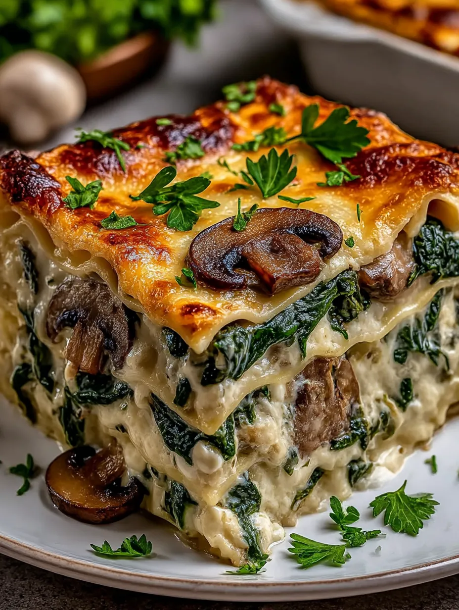 A square casserole dish filled with mushrooms and spinach.
