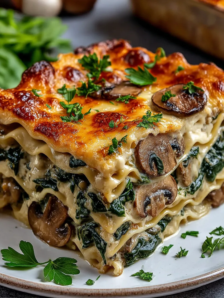 A stack of lasagna with mushrooms on top.