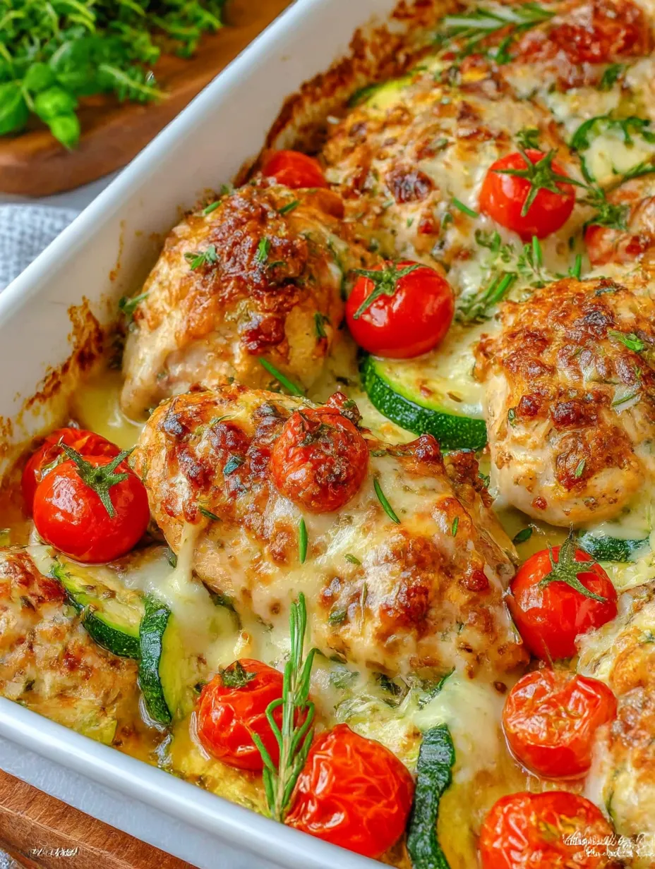 A dish of chicken with tomatoes and herbs.